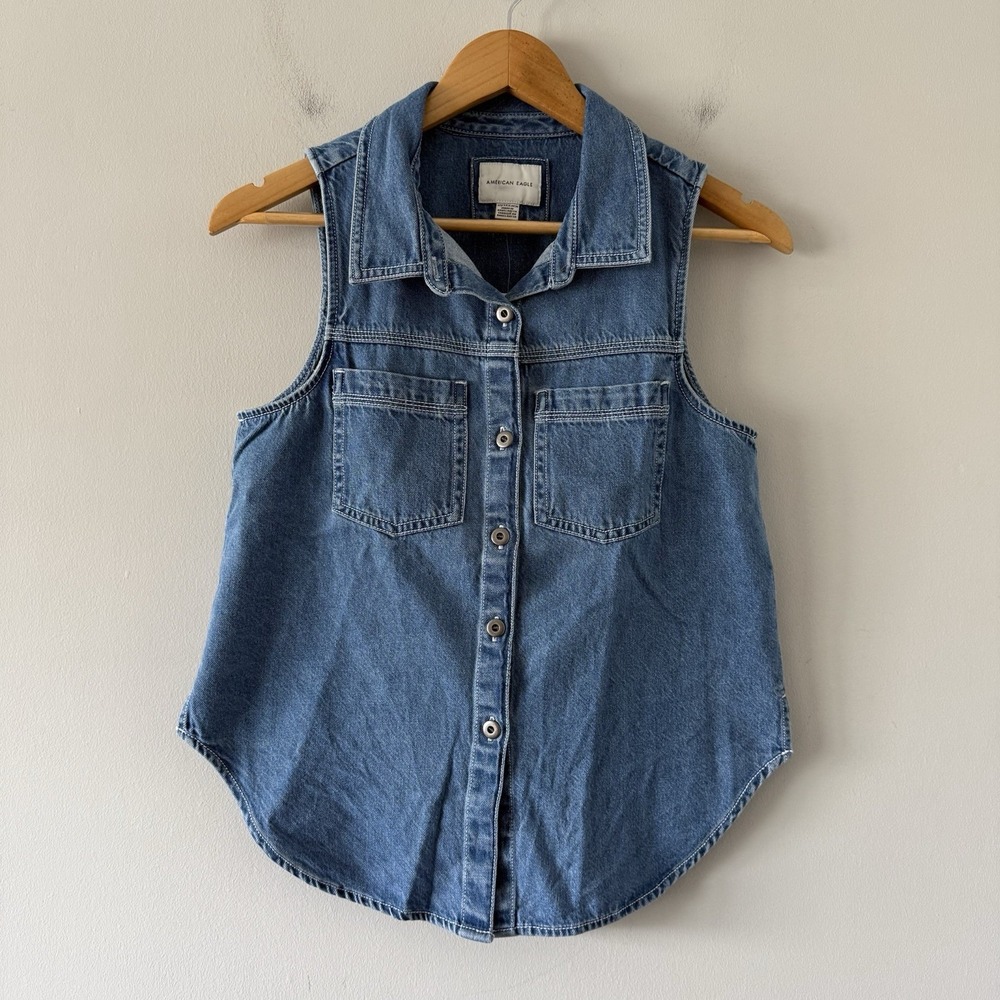 American Eagle Denim Button Up Womens XS Cowgirl Cottage Farm Boho Prairie‎ Blue